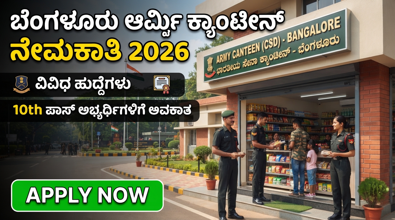Army Canteen Bangalore Recruitment 2026: ಬೆಂಗಳೂರಿನ ಆರ್ಮಿ ಕ್ಯಾಂಟೀನ್‌ನಲ್ಲಿ ವಿವಿಧ ಹುದ್ದೆಗಳ ನೇಮಕಾತಿ – 10ನೇ ಪಾಸ್ ಅಭ್ಯರ್ಥಿಗಳಿಗೆ ಉತ್ತಮ ಅವಕಾಶ!